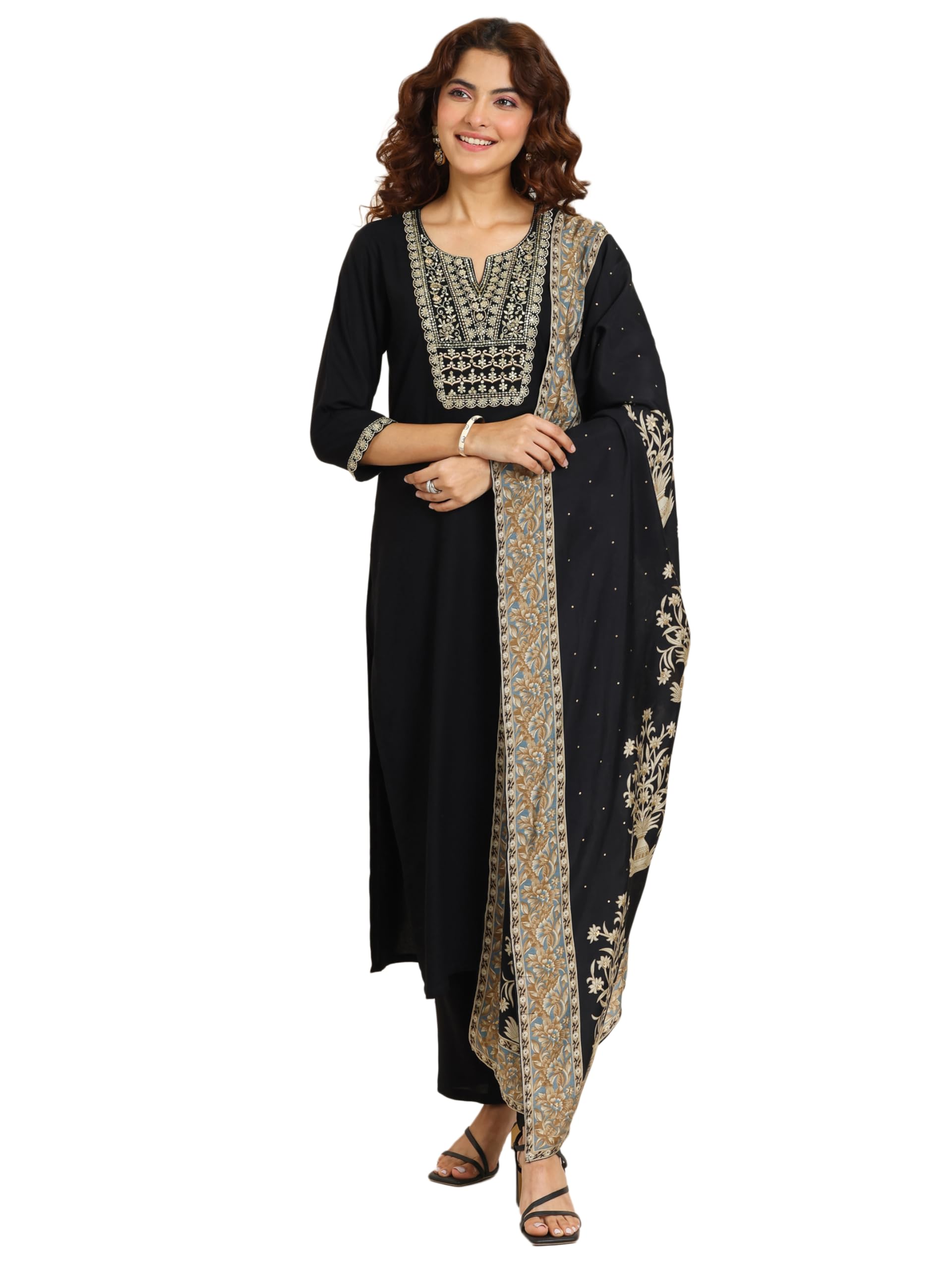 Libas Womens Yoke Design Viscose Straight Kurta With Trousers And Dupatta
