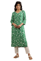 W For Woman W Women Green Floral Print Viscose Straight Kurta_24Few10753-123508_L
