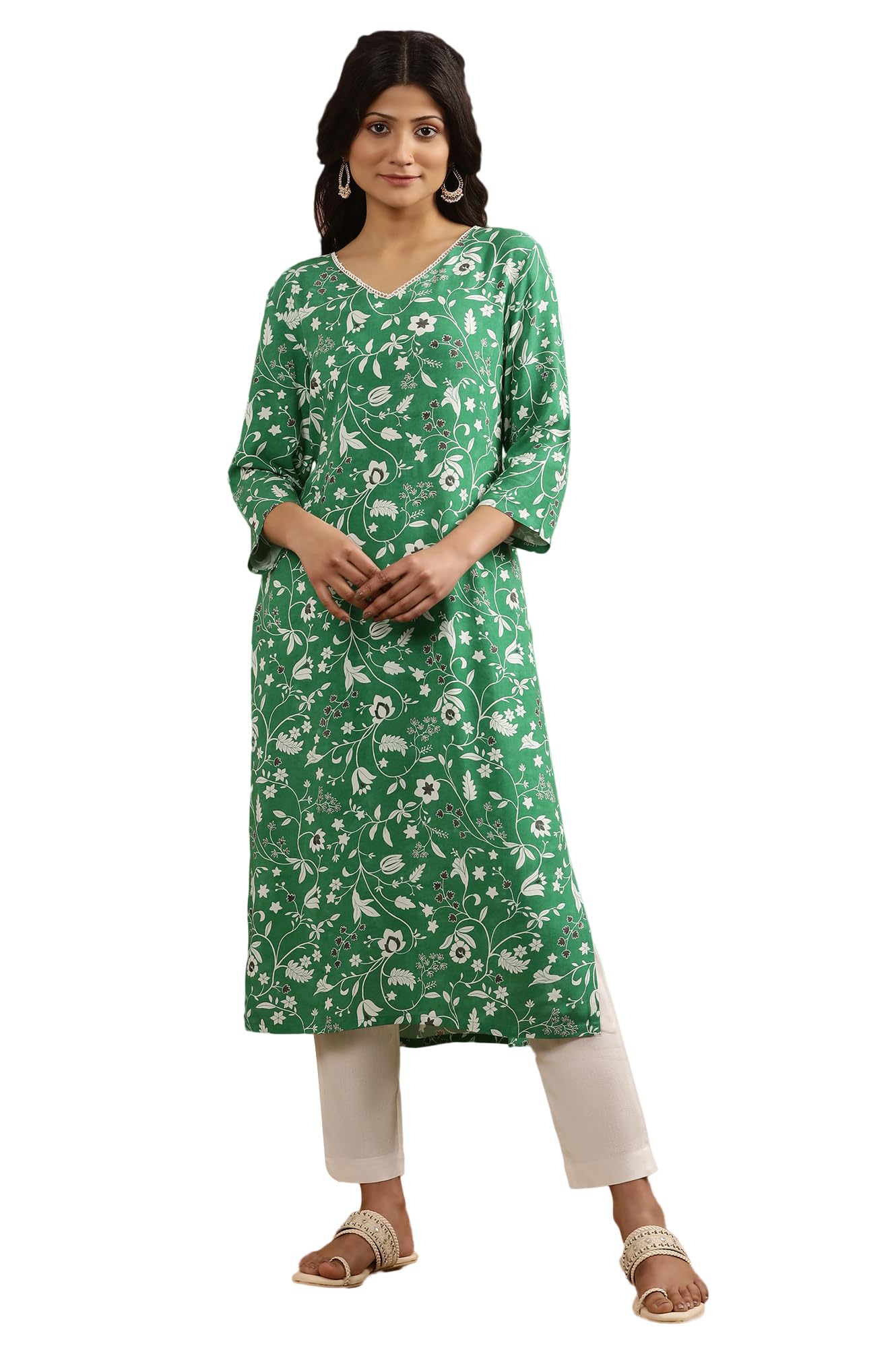W For Woman W Women Green Floral Print Viscose Straight Kurta_24Few10753-123508_L