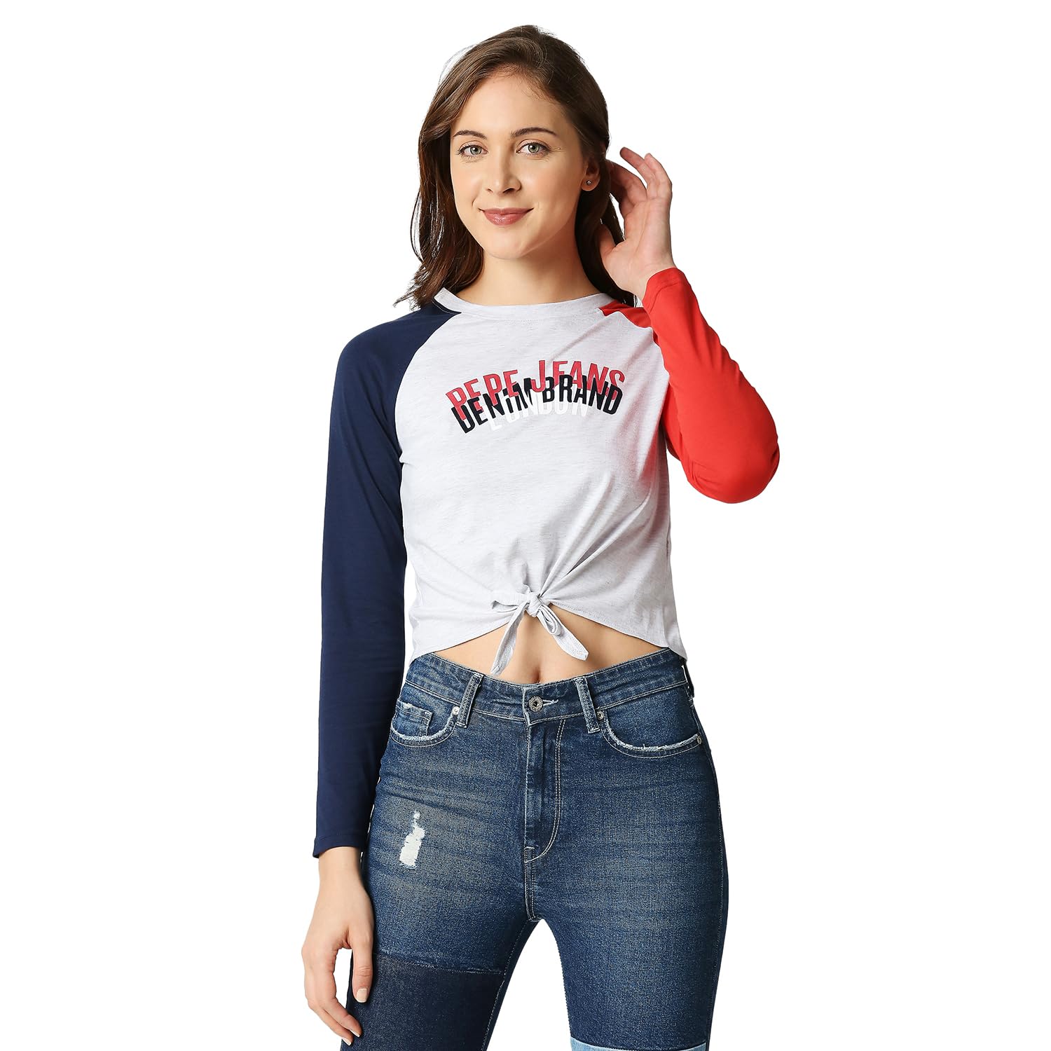 Pepe Jeans Color Block Cotton Crew Neck Womens T-Shirt (White, Medium)
