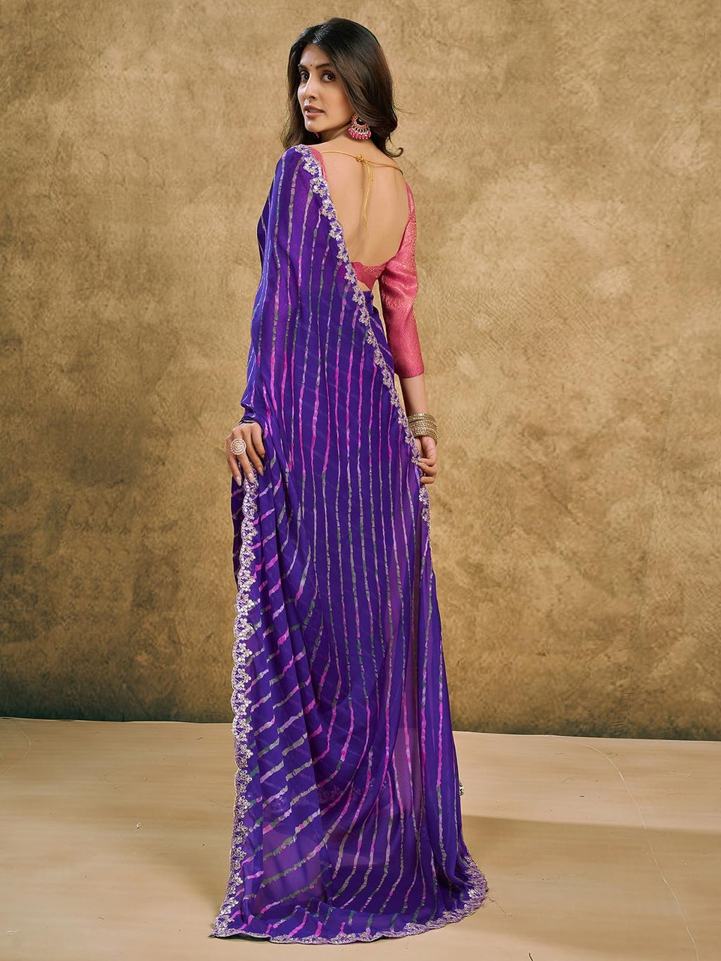 Satrani Womens Chiffon Leheriya Printed Saree with Unstitched Blouse Piece