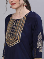 Ishin Women'S Pure Silk Yoke Design Gotta Patti Navy Blue Ethnic Motifs Print Straight Kurta Suit Set With Dupatta & Sharara