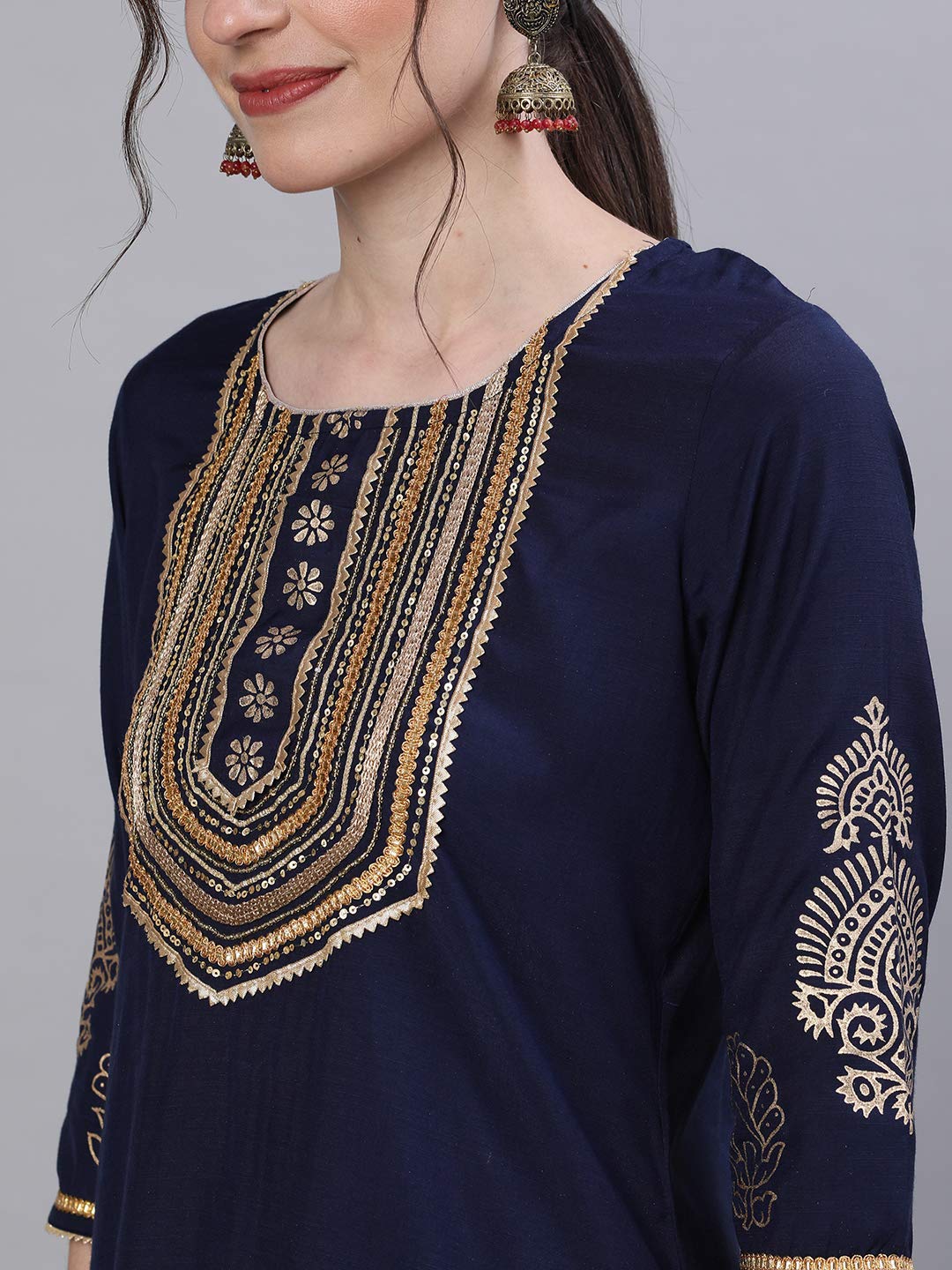 Ishin Women'S Pure Silk Yoke Design Gotta Patti Navy Blue Ethnic Motifs Print Straight Kurta Suit Set With Dupatta & Sharara