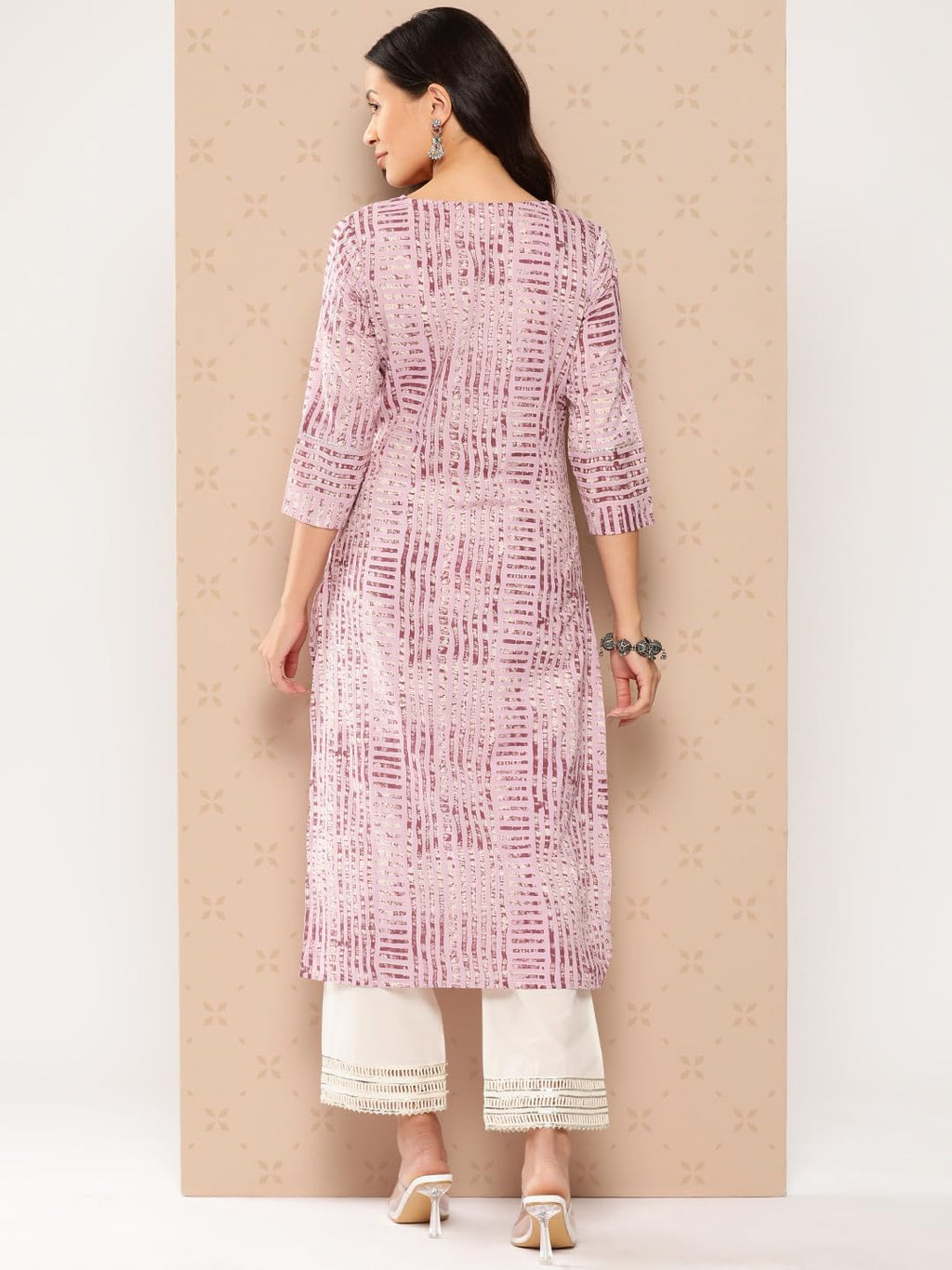 Lavender Stripe Printed V-Neck Embellished With Triangular Lace, Three Quarter Sleeves With Gota Lace Detail, Straight Kurta With Side Slits