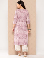 Lavender Stripe Printed V-Neck Embellished With Triangular Lace, Three Quarter Sleeves With Gota Lace Detail, Straight Kurta With Side Slits