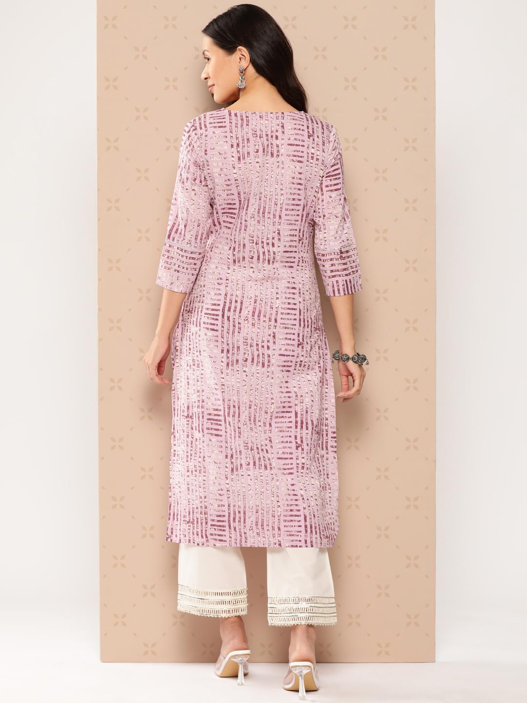 Lavender Stripe Printed V-Neck Embellished With Triangular Lace, Three Quarter Sleeves With Gota Lace Detail, Straight Kurta With Side Slits