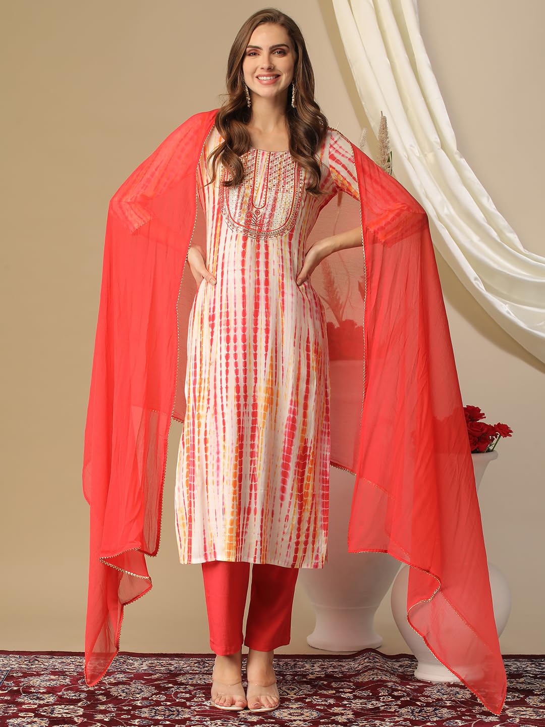 ANNI DESIGNER Ladies Rayon Blend Dupatta Kurta Trousers, red, XL