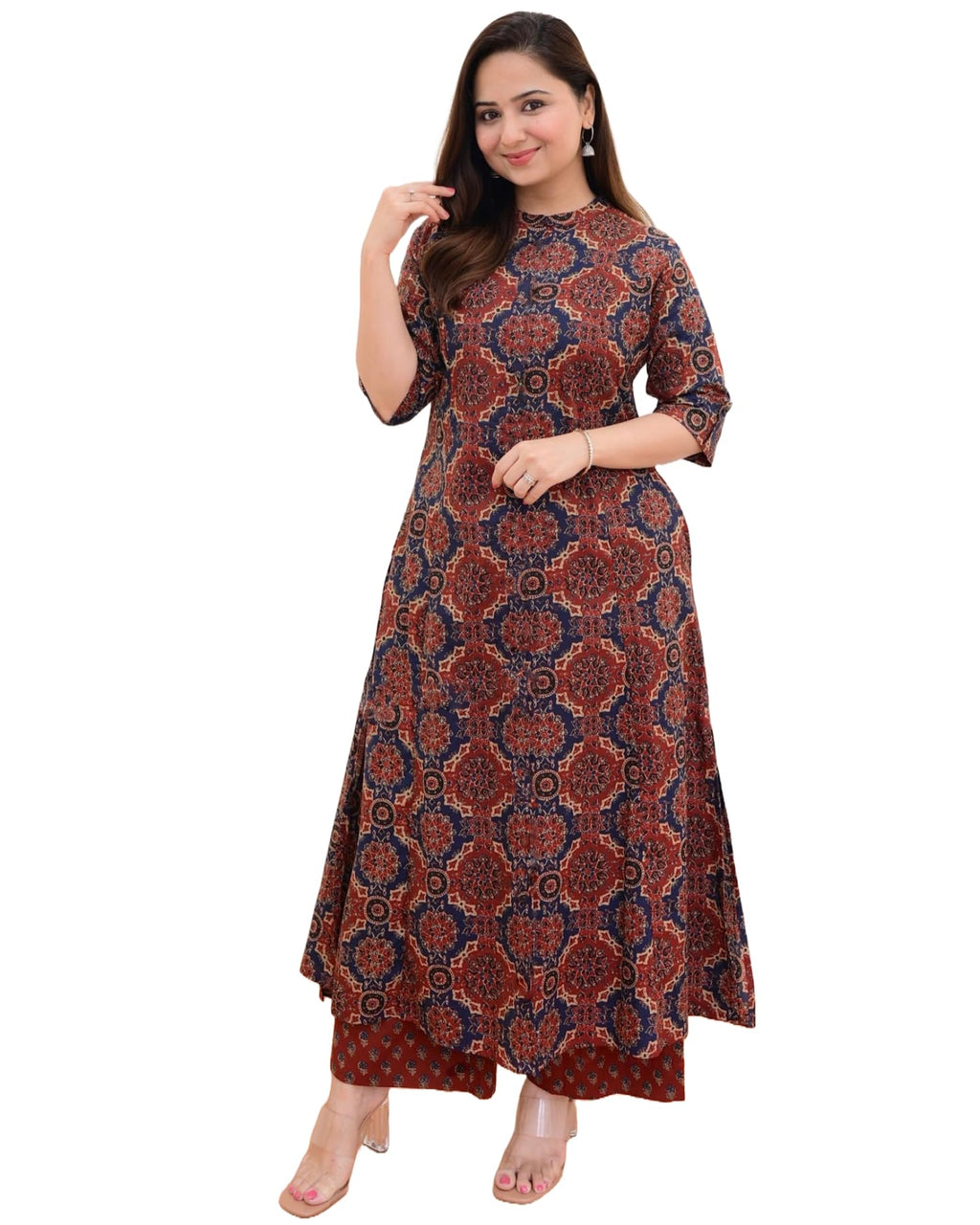ANNI DESIGNER Womens Cotton Blend Straight Printed Kurta with Palazzo (ABP Maroon_S_Wine_Small)