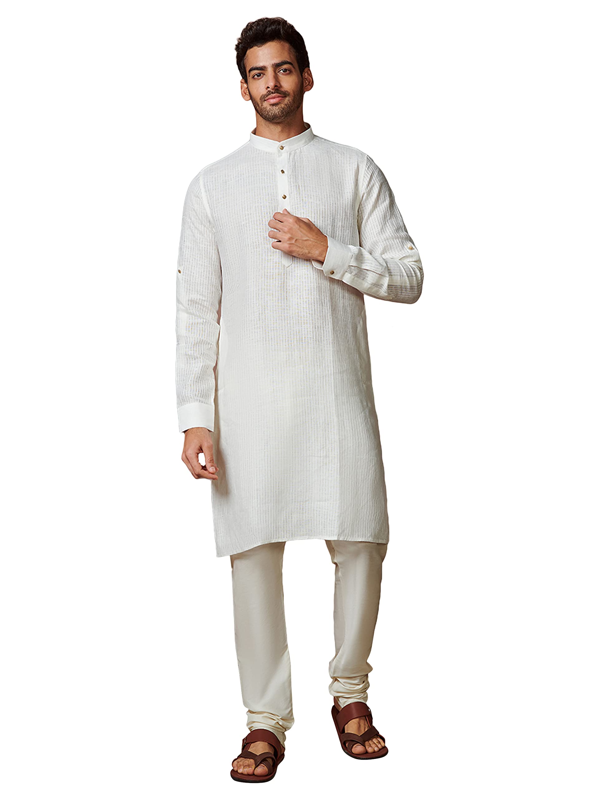 Manyavar Mens Kurta, Full Sleeve Mandarin Collared Ethnic Knee Length Kurta, Linen Kurta For Festival, Wedding, Party, Anniversa