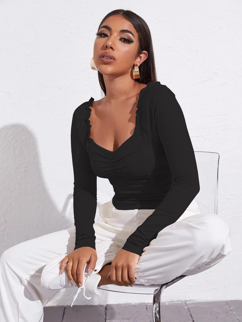 AVANOVA Womens & Girls Black Full Sleeve, Sweat Hear Neck, Frill Trim Ruched Crop Top for Women, Tops, T-Shirts for Girls (TOP