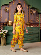 Aarika Girls Ethnic Wear Yellow Colour Abstract Print Polycrepe Kurti Patiala Set-3-13 Years (Pt-Shm-5013)