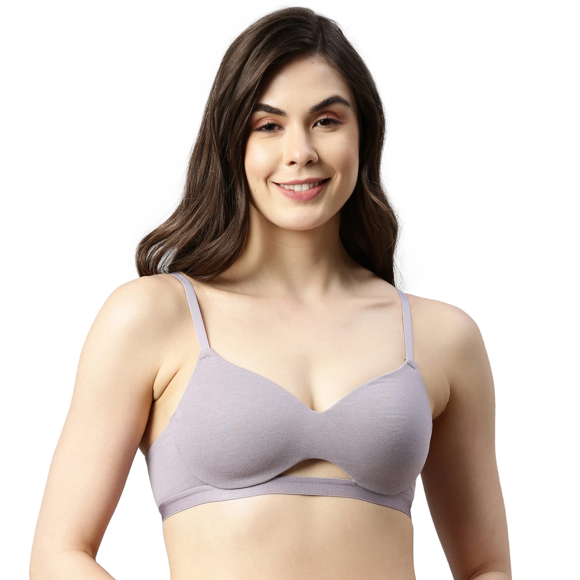 Enamor Women A032 Invisible Neckline Cotton T-Shirt Bra with Cloud Soft Cups- Padded Non Wired Medium Coverage(A032-Silver Lilac