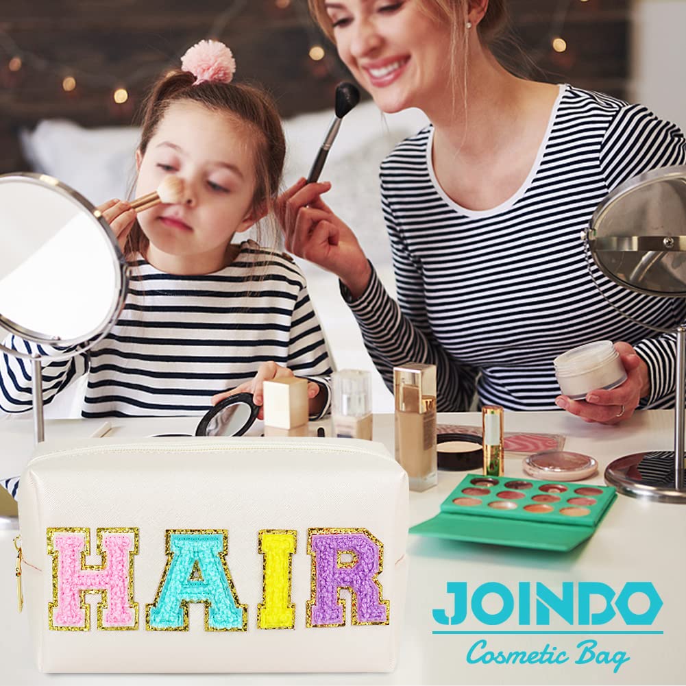 JOINDO Preppy Patch Makeup Bag, Chenille HAIR Letter Cosmetic Bag,PU Leather Skincare Toiletry Bag, Portable Makeup Bag with Var