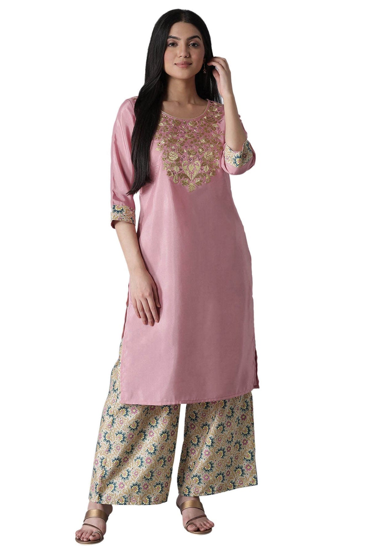 Pink Embroidered Solid Kurta-Palazzos Set