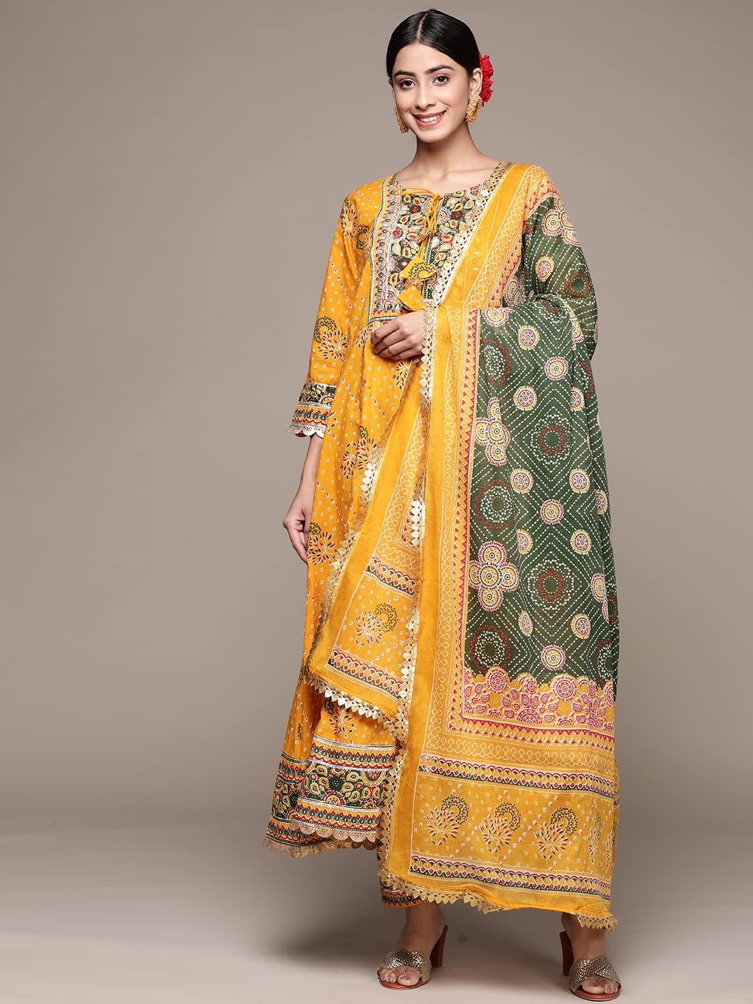 Anubhutee Women'S Cotton Mustard Ethnic Motifs Printed Flared Kurta Suit Set With Pants And Dupatta