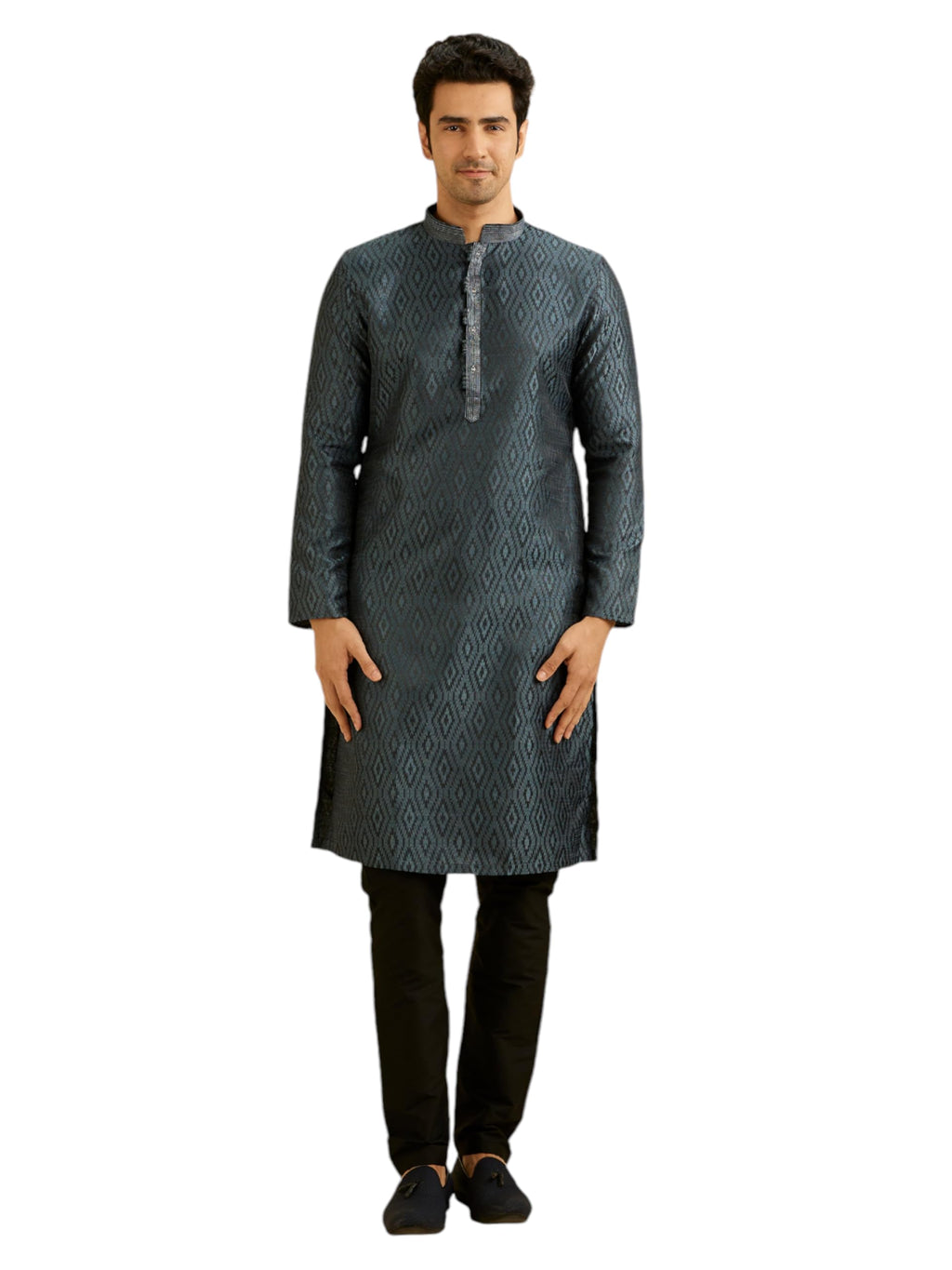 Manyavar Mens Brocade Printed Kurta Set (Grey,XXL)