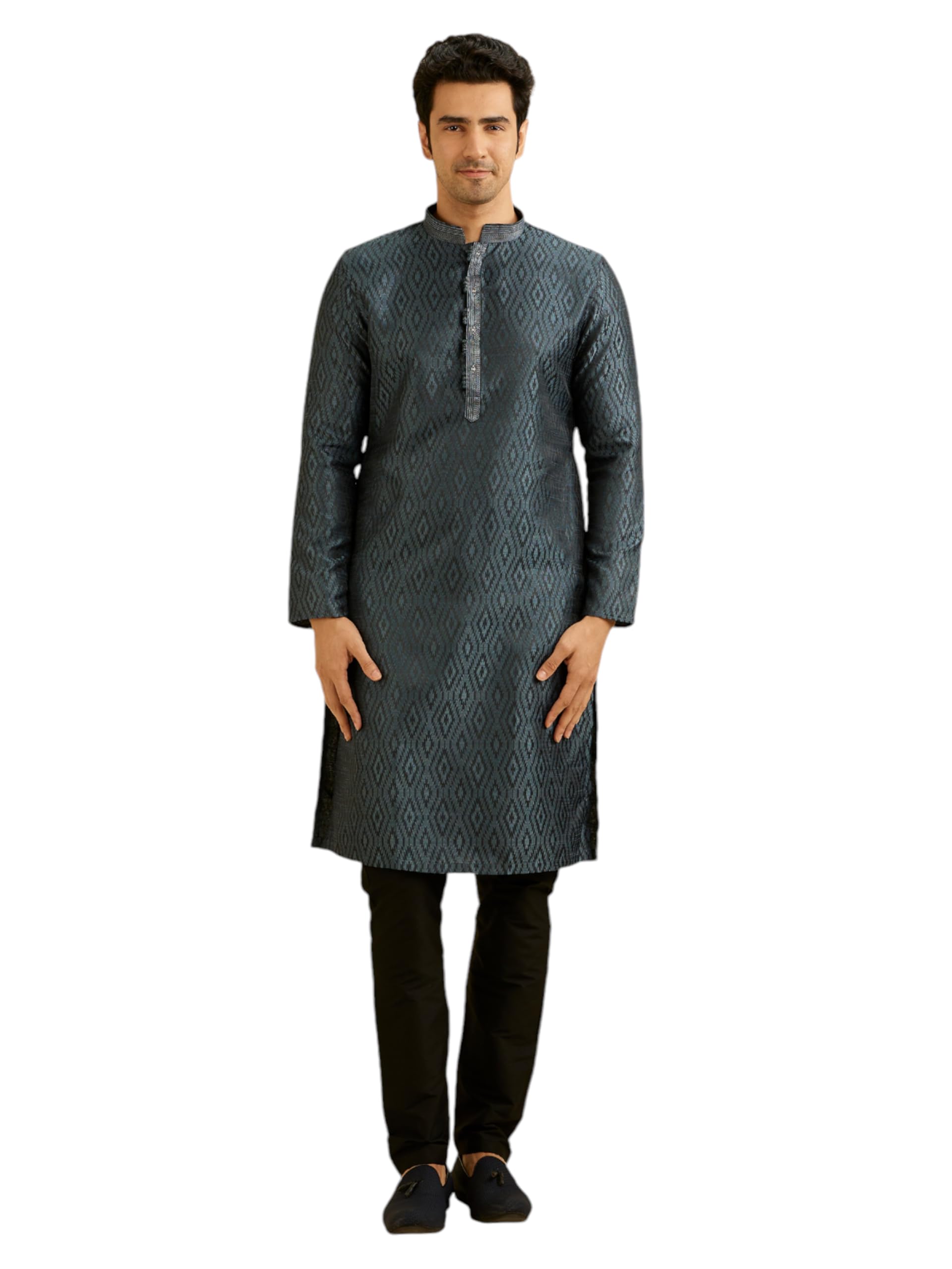 Manyavar Mens Brocade Printed Kurta Set (Grey,XXL)