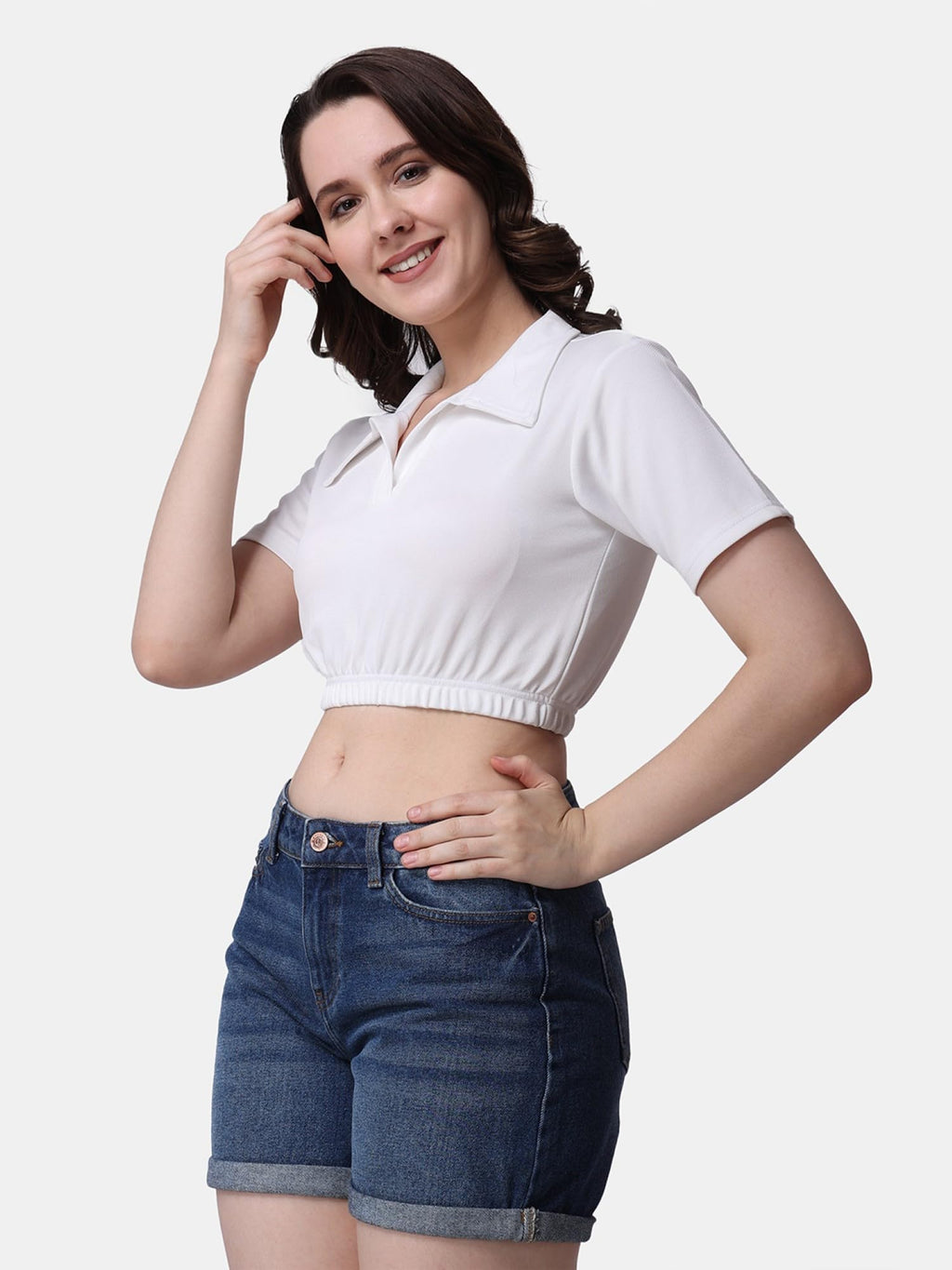 POPWINGS Women Casual White Solid Collar Crop Top | Tops for Women | Tops for Women Stylish | Tops for Women