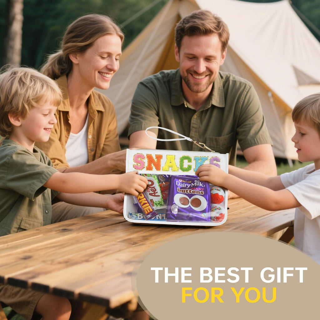 Burskit Snack Bag Clear Chenille Varsity Letter Zipper Pouch for Travel Nylon Clear Cosmetic Bag Makeup Travel Bag for Women (Wh