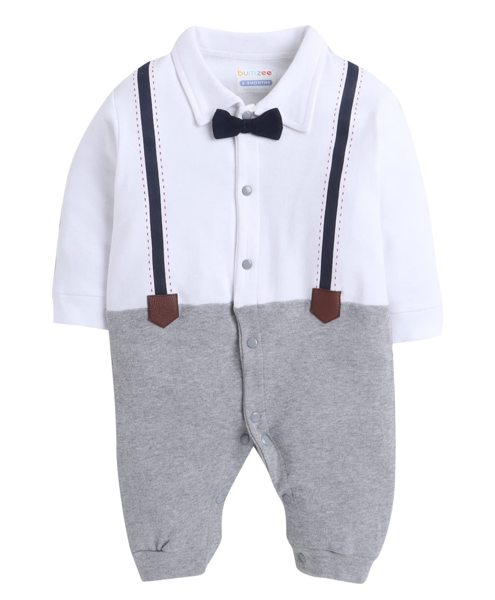BUMZEE Grey & White Suspender Print Boys Full Sleeves Fancy Sleepsuit Age - 9-12 Months, (Peb285E-grey.White)