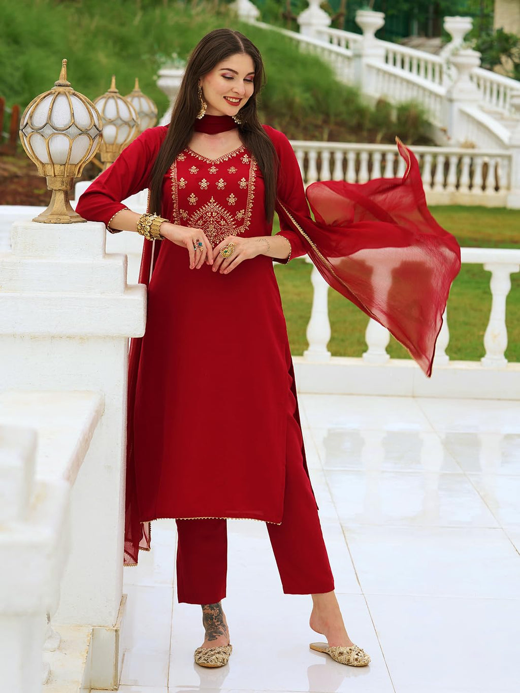ANNI DESIGNER Ladies Cotton Blend Kurta with Trousers and Dupatta, dark red, M