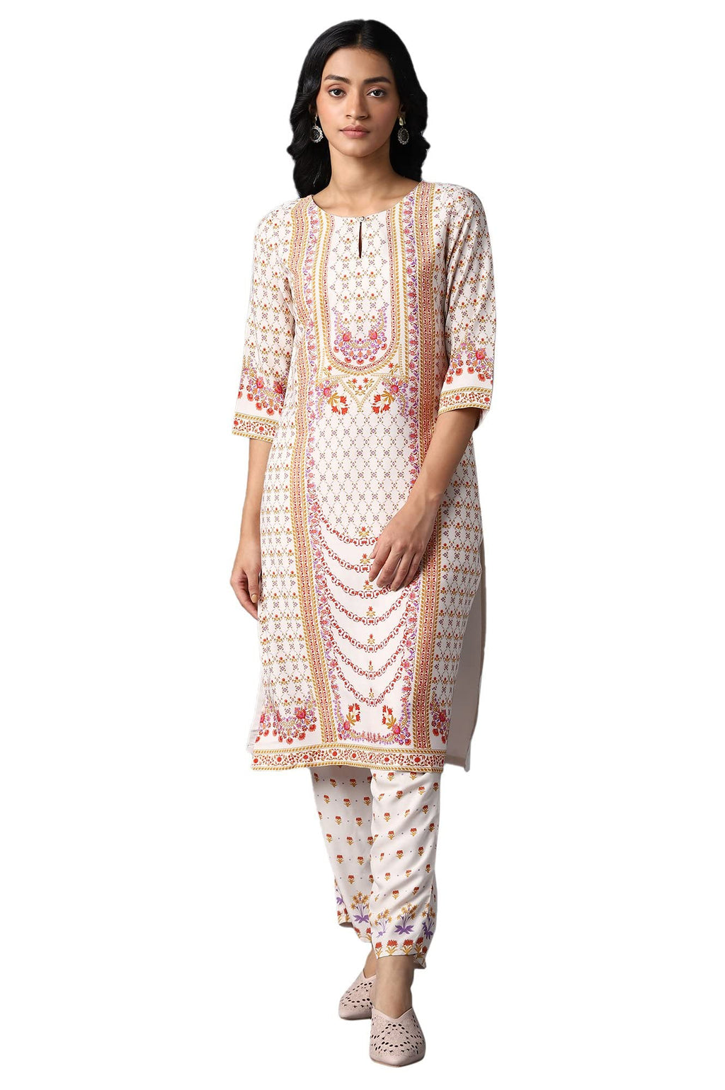 W Ecru Synthetic Floral Printed Regular Kurta For Women