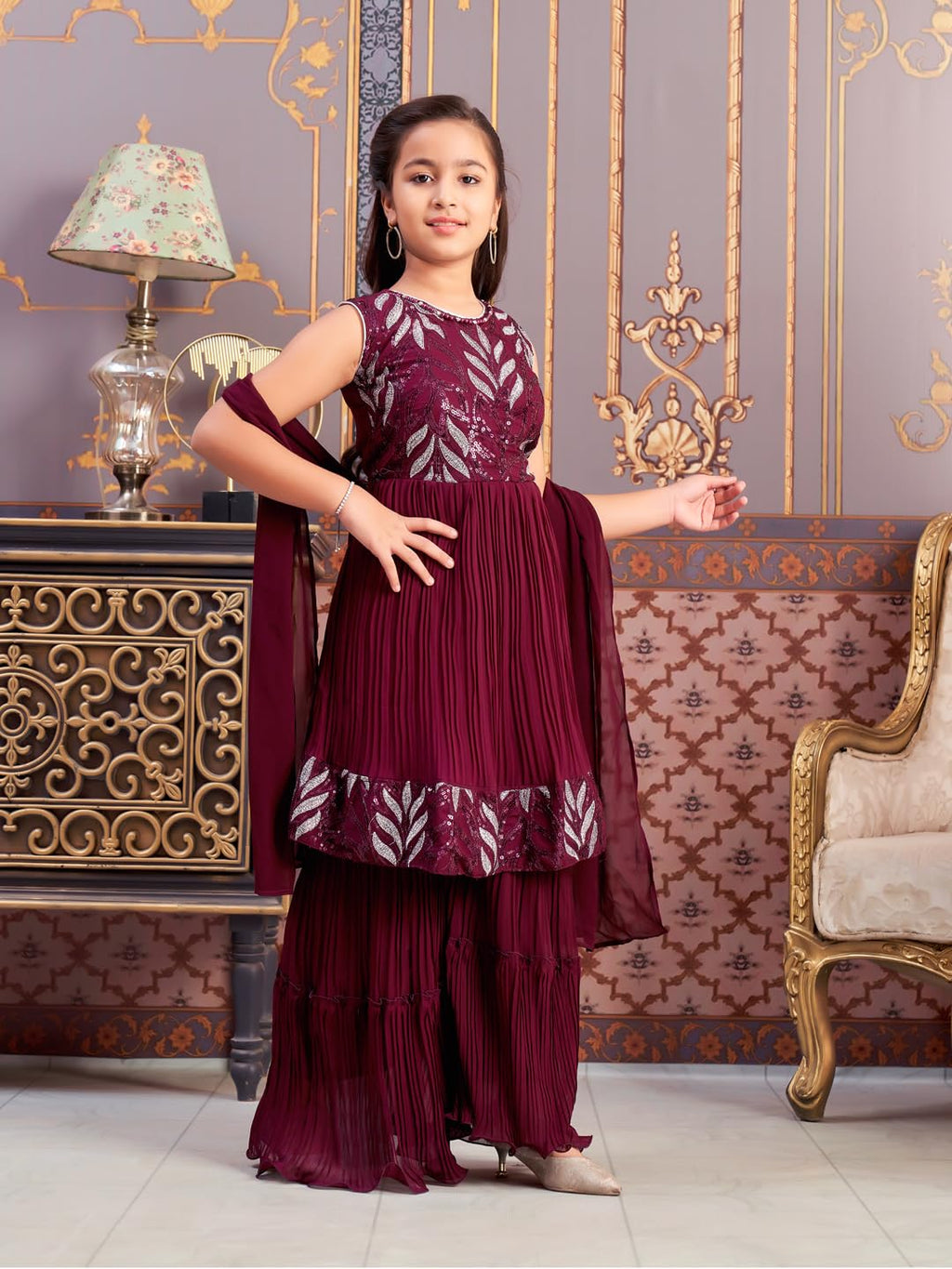 Aarika Girls Ethnic Wear Purple Colour Sequin Thread Embroidery Georgette Kurti Sharara Set (4-15 Years)