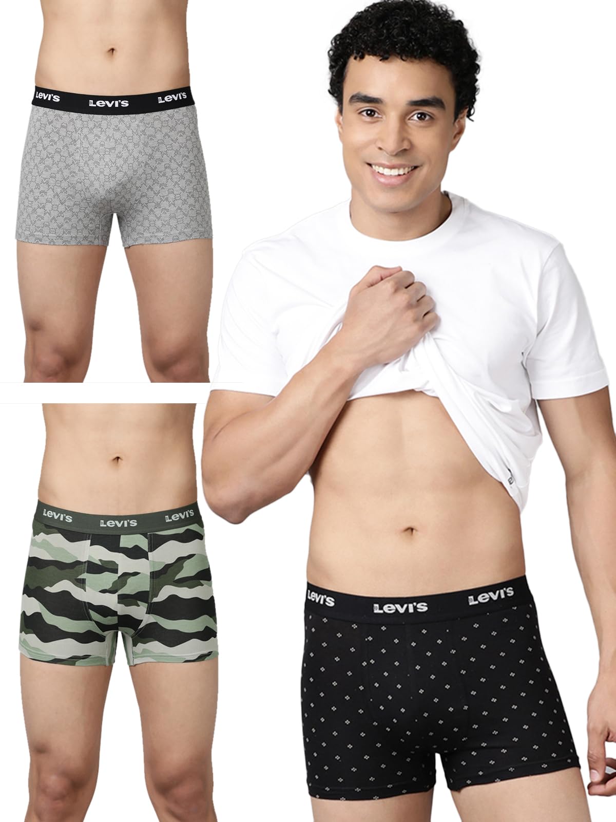LeviS Men Pack Of 3 Printed Cotton Shorter Length Stretch Elastic Waistband Trunk