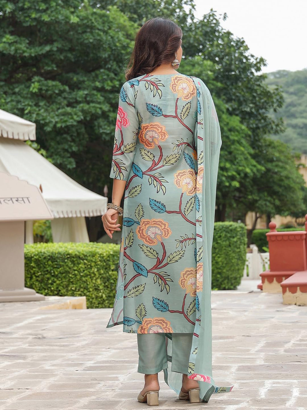 ANNI DESIGNER Womens Cotton Blend Straight Printed Kurta with Pant & Dupatta (Twig Pista_XL_Pista_X-Large)