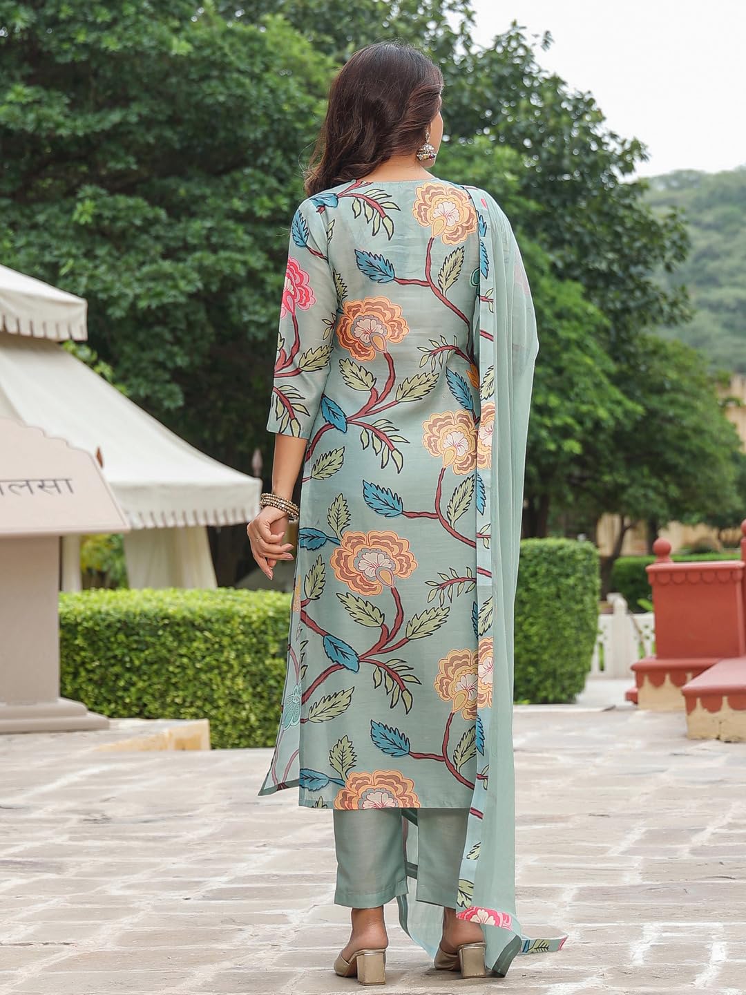 ANNI DESIGNER Womens Cotton Blend Straight Printed Kurta with Pant & Dupatta (Twig Pista_XL_Pista_X-Large)