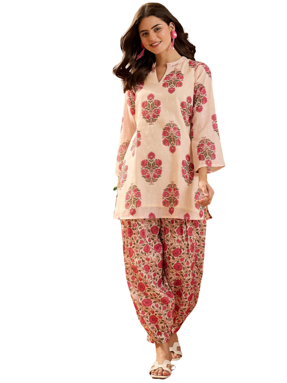 Ethnicjunction WomenS Linen Floral Print Summer Wear Straight Short Kurti With Afghani Pant Set | Kurta Pant Set | Office Wear 