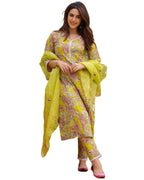 ANNI DESIGNER Womens Cotton Blend Printed Straight Kurta with Pant & Dupatta (Moriya Yellow_XXL_Yellow_XX-Large)