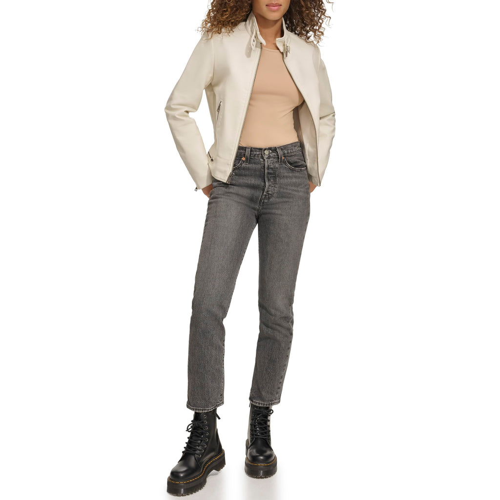 Levi's Women's Faux Leather Motocross Racer Jacket (Standard and Plus), Oyster Latch Collar, Small