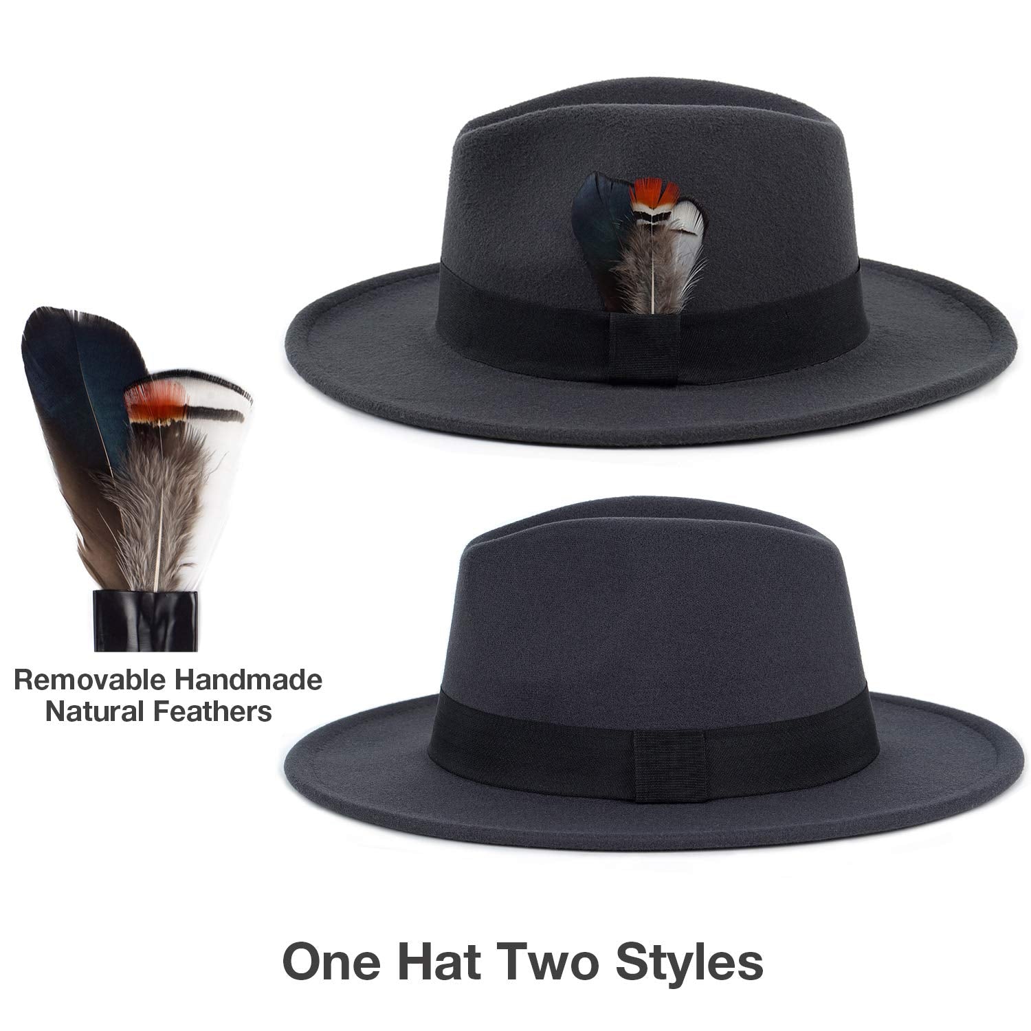 FADACHY Classic Fedora Hat for Men & Women Wide Brim Felt Hat Panama Dress Hat Dark Grey Fedora, L Large XL