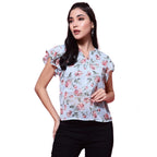 OOMPH! Womens Georgette Printed top with Keyhole Neck and Flutter Sleeve
