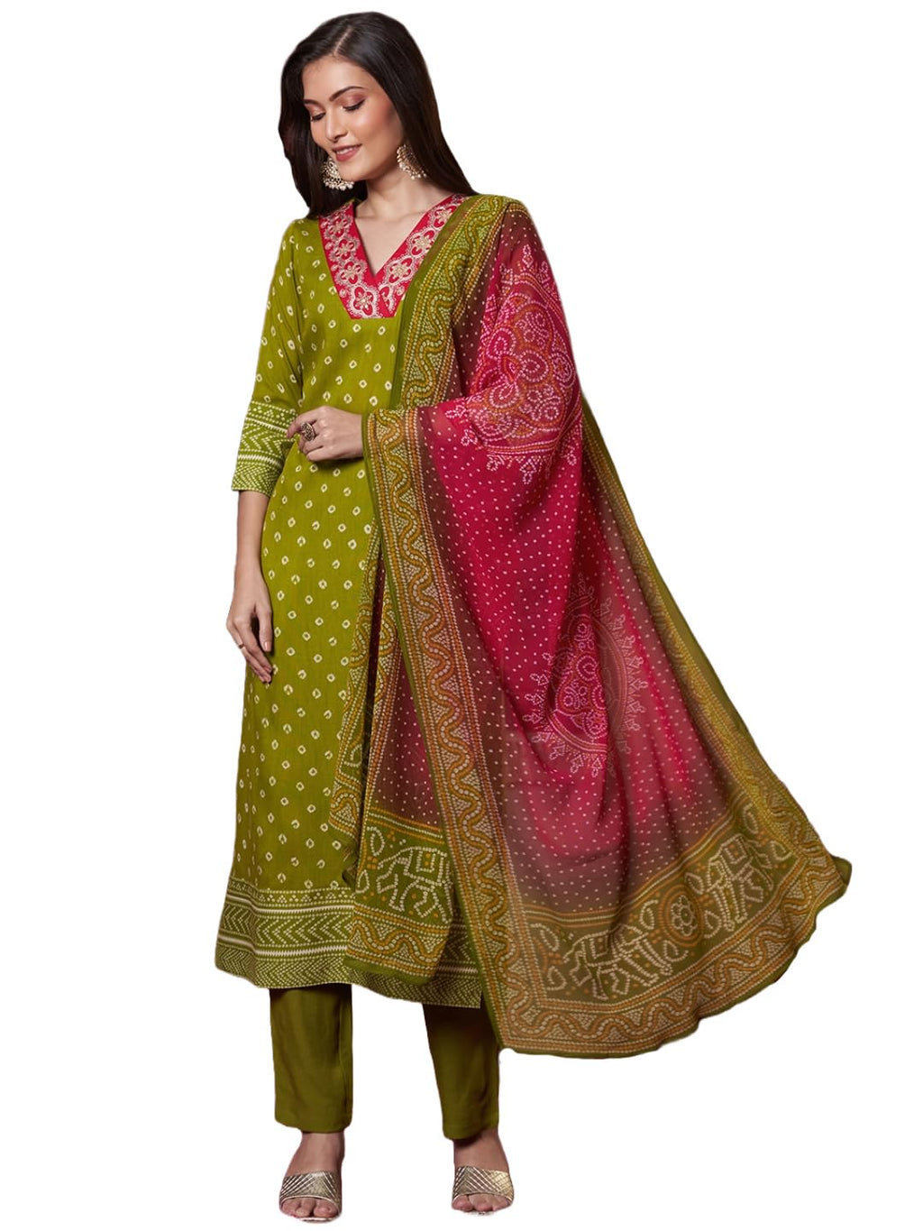 ANNI DESIGNER Womens Rayon Viscose Printed Straight Kurta with Pant & Dupatta (Subhi Mehandi-VKS04_M_Mehandi_Medium)