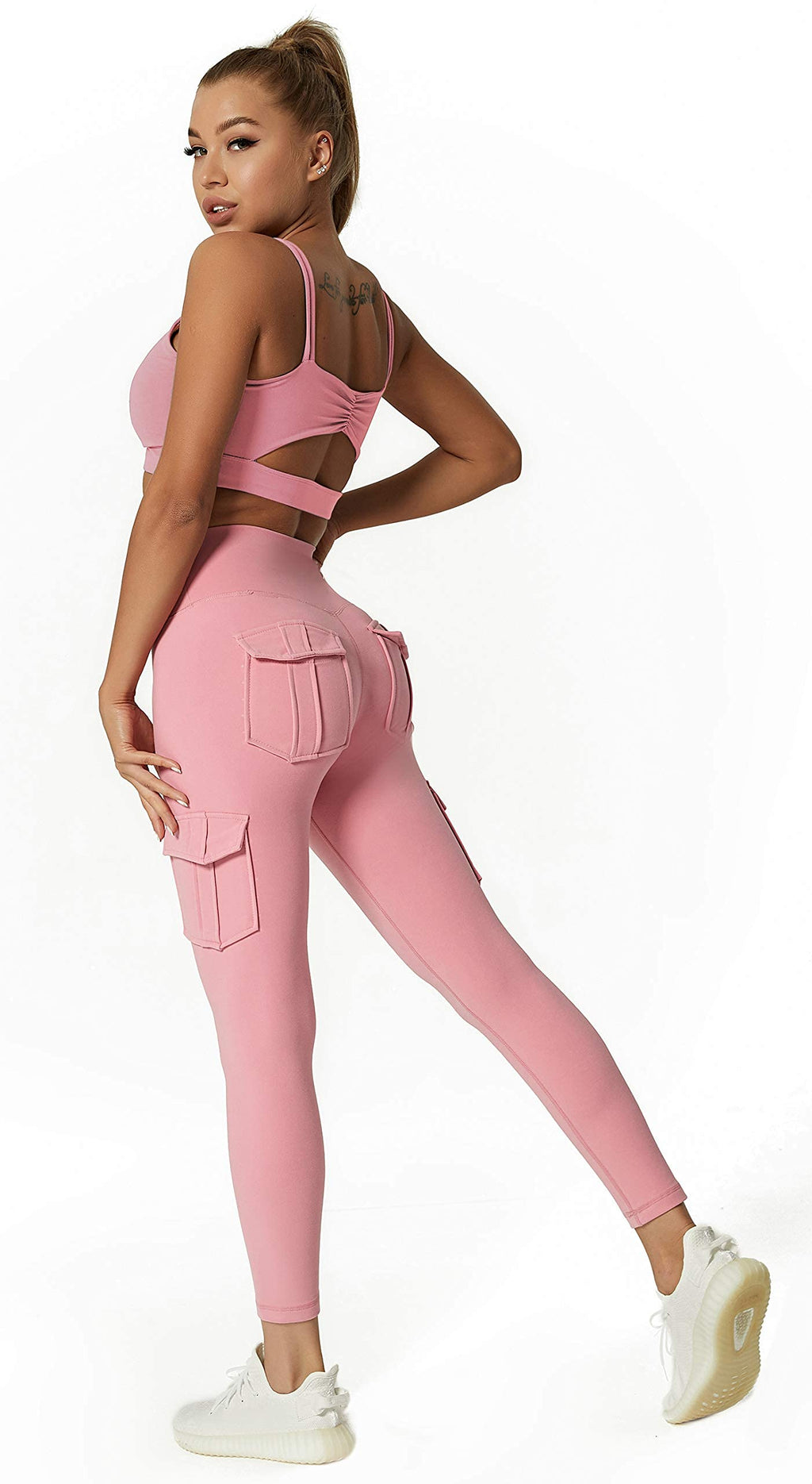 JEGGE High Waist Yoga Leggings with 4 Pockets,Tummy Control Workout Running 4 Way Stretch Cargo Pocket Leggings (Pink, Medium)