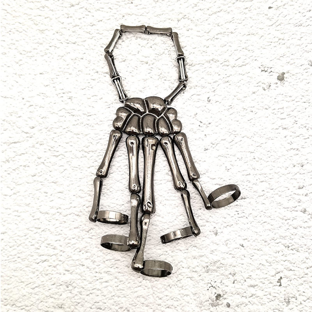 Caiyao Gothic Halloween Skull Skeleton Metal Fingers Hand Bone Bracelet with Adjustable Ring Wristband Handmade Punk Jewelry for