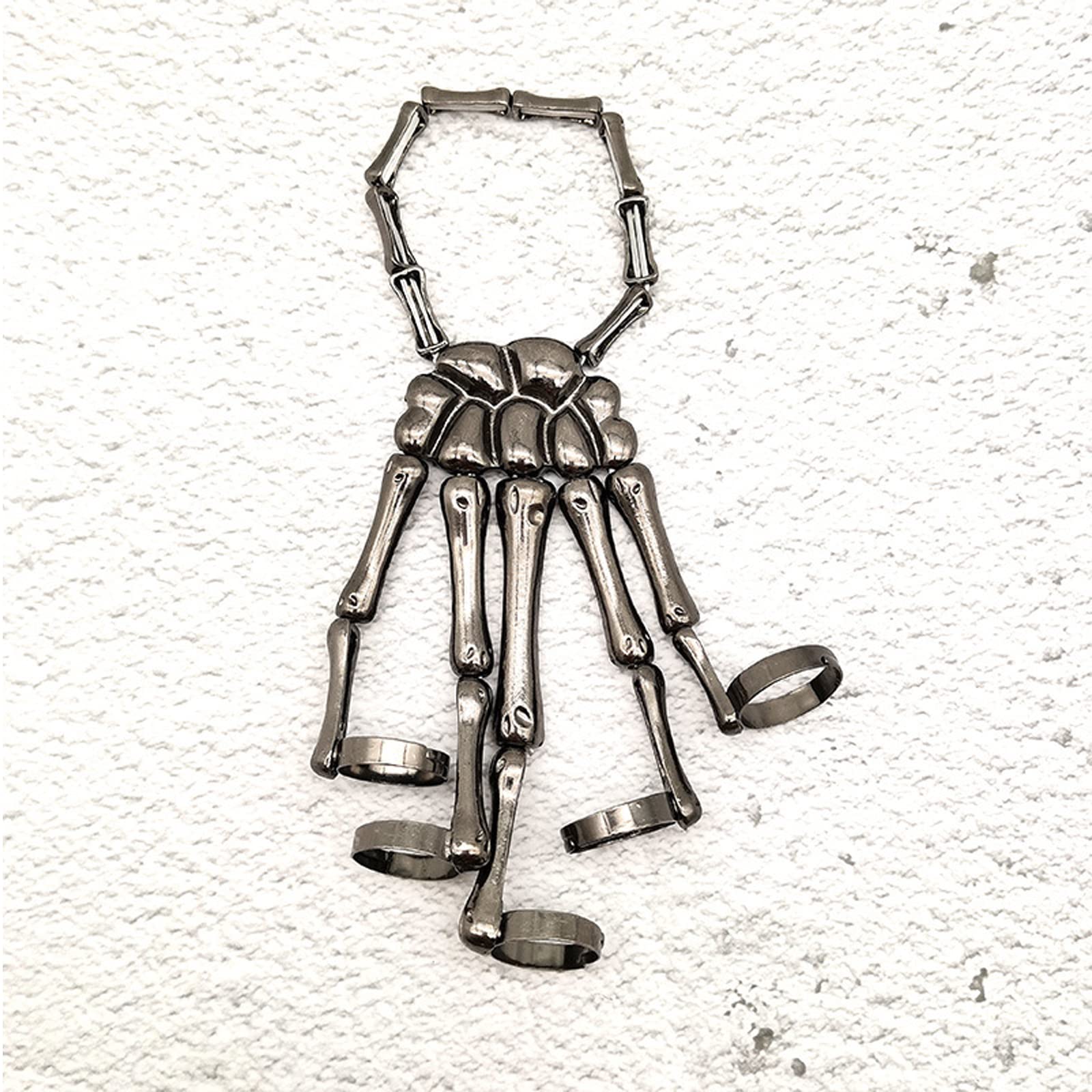 Caiyao Gothic Halloween Skull Skeleton Metal Fingers Hand Bone Bracelet with Adjustable Ring Wristband Handmade Punk Jewelry for