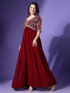Wedani Georgette Embroidered Long Gown for Women Maroon