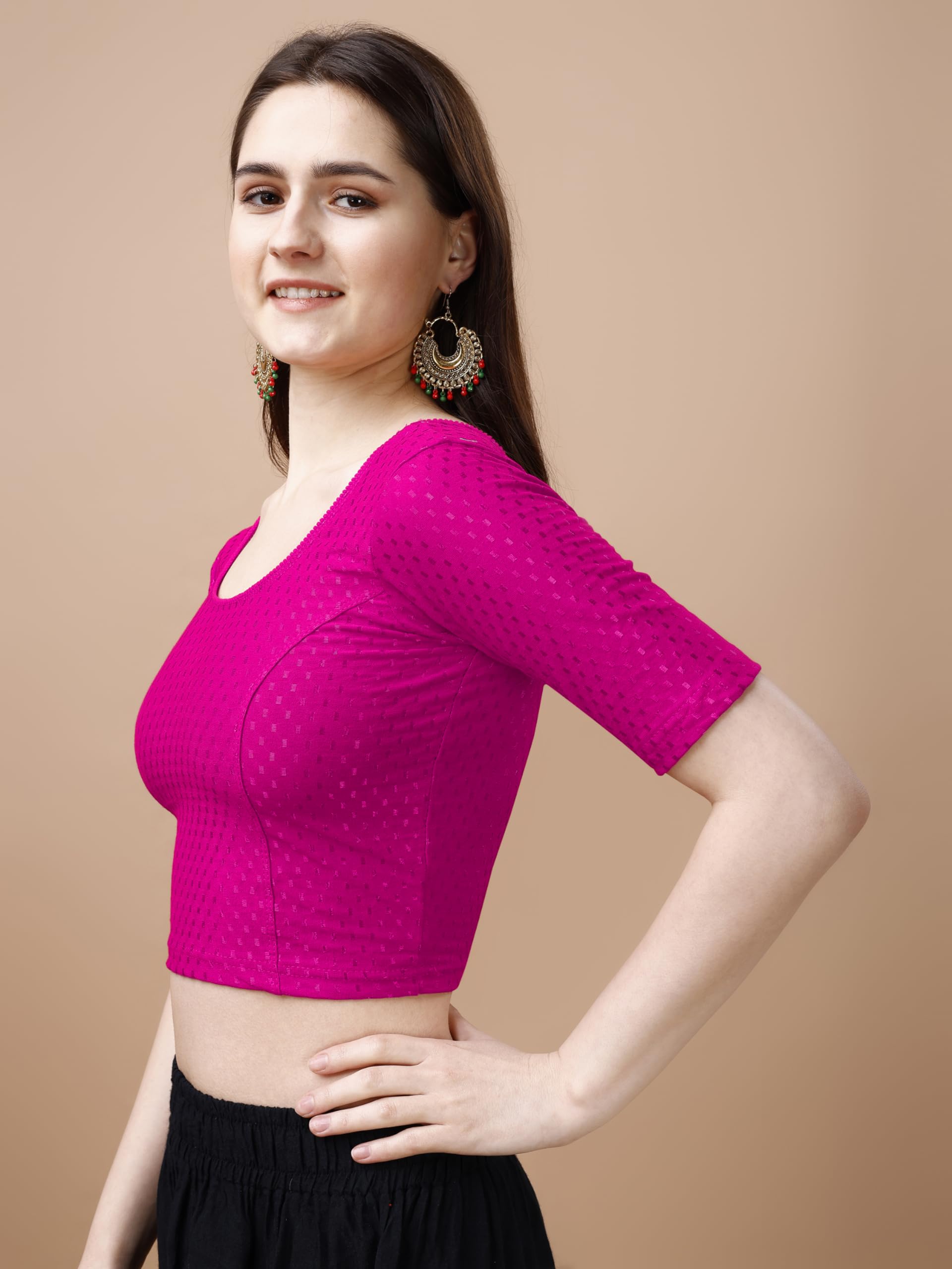 Pujia Mills Womens Readymade Dobby Cotton Lycra Stretchable Round Neck Half Sleeve Blouse Fancy Pink Color Lycra Stretchable Bl