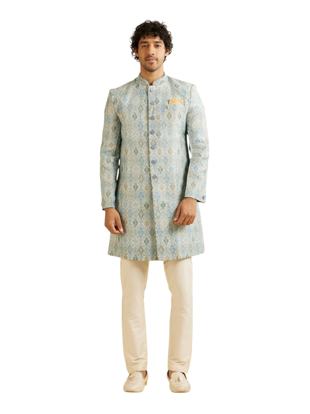 Manyavar MenS Brocade Conch Shell Print Kurta Set (Light Blue,S)
