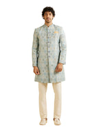 Manyavar MenS Brocade Conch Shell Print Kurta Set (Light Blue,S)
