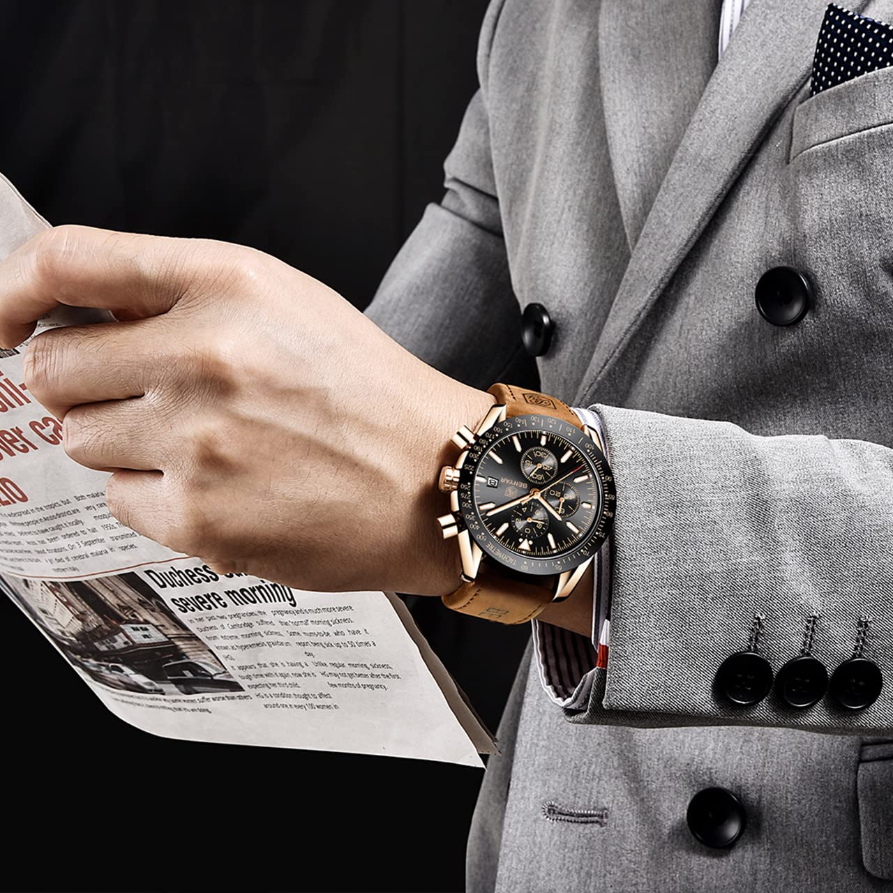 BENYAR Classic Fashion Quartz Chronograph Watch Casual Sport 30M Waterproof Leather Band Mens Watches (Brown-Black)