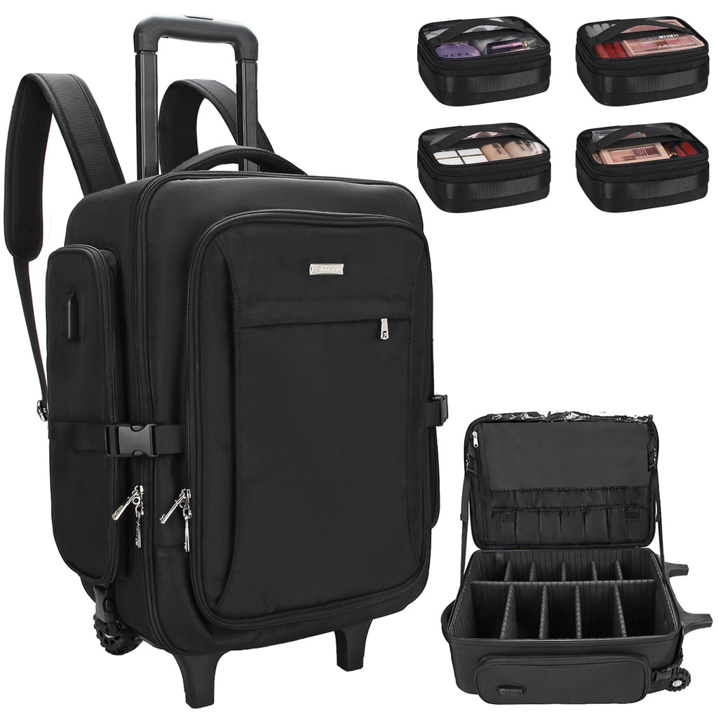 Relavel Rolling Makeup Case with 4 Clear Makeup Bags, Makeup Backpack with Adjustable Dividers,Cosmetic Train Case Storage with