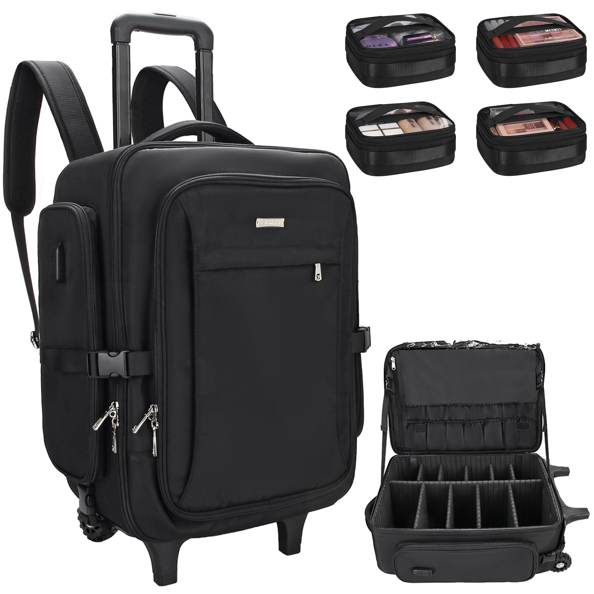Relavel Rolling Makeup Case with 4 Clear Makeup Bags, Makeup Backpack with Adjustable Dividers,Cosmetic Train Case Storage with