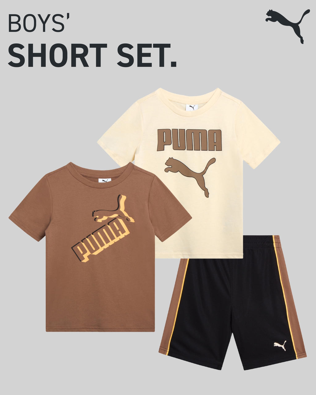 PUMA Boys' Short Set - 3 Piece Short Sleeve Graphic T-Shirts and Active Shorts Outfit Set for Boys (Sizes: 2T-7), Size 2T, Brown