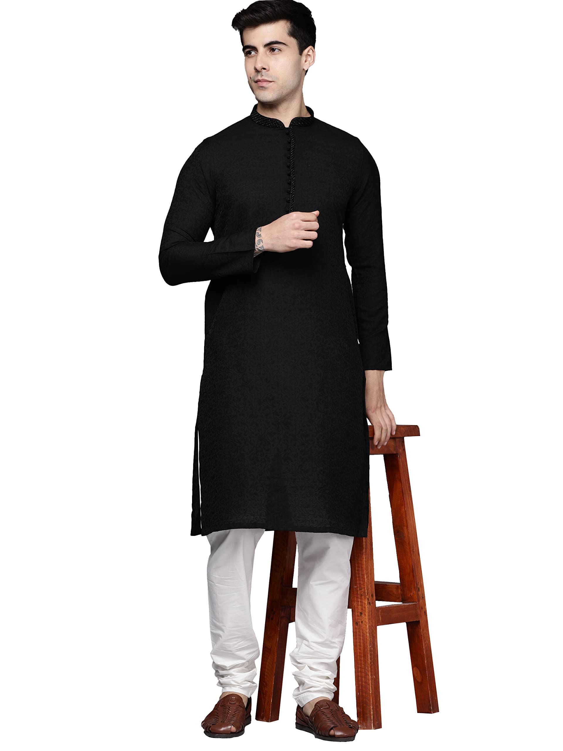 Manyavar Kurta Churidar Set For Men, Full Sleeves Mandarrin Collar, Silk Blend Self Design MenS Kurta Churidar Set (Black) (Xl)