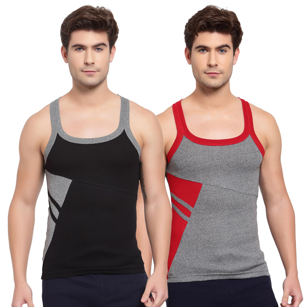 Sporto Macho MenS Pure Cotton Solid Contrast Panel Gym Vest Pack Of 2Assorted