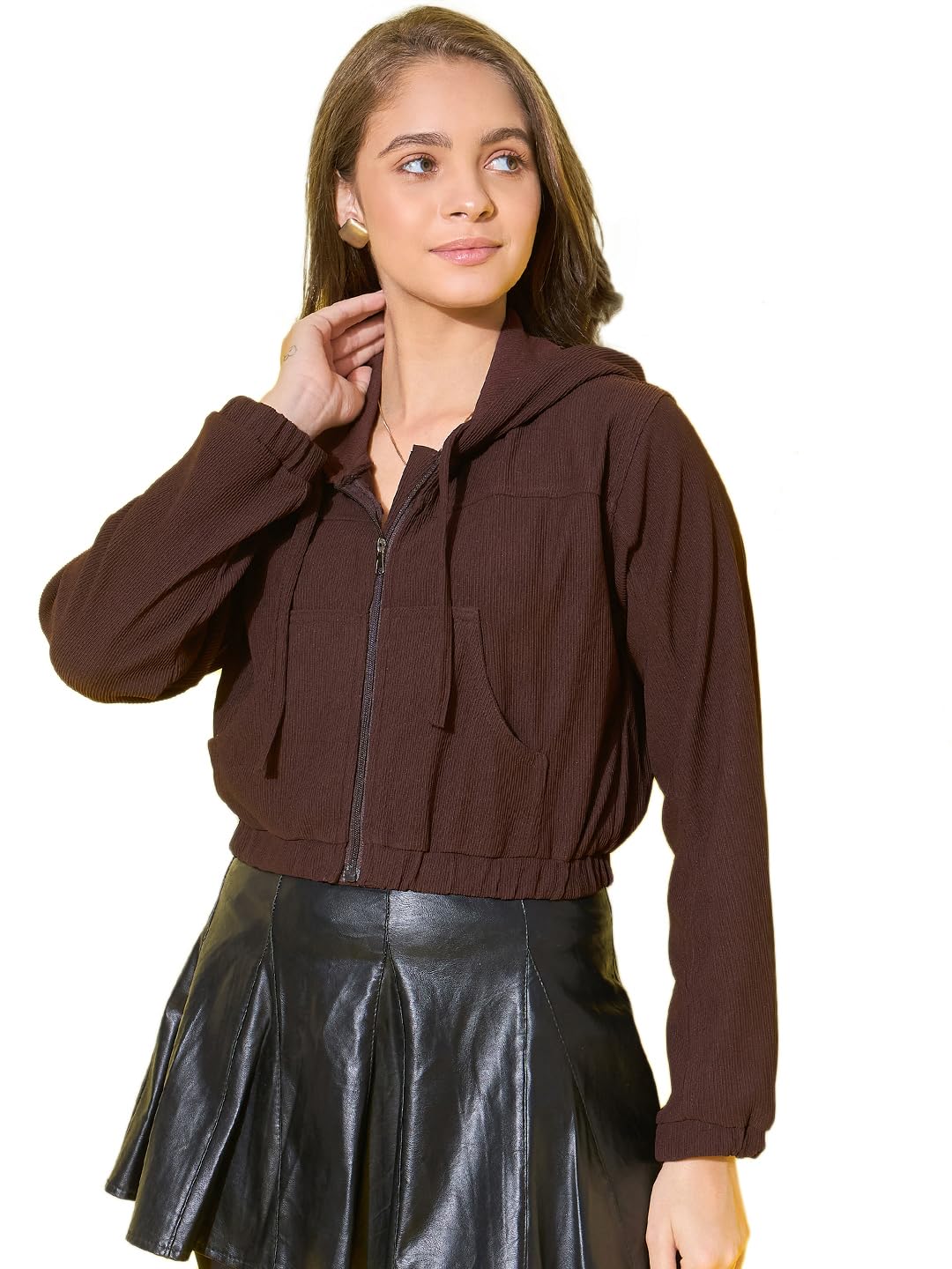 Womens Cotton Ribbed Casual Hoodie Short Jacket with Front Zipper (Coffee, Medium)